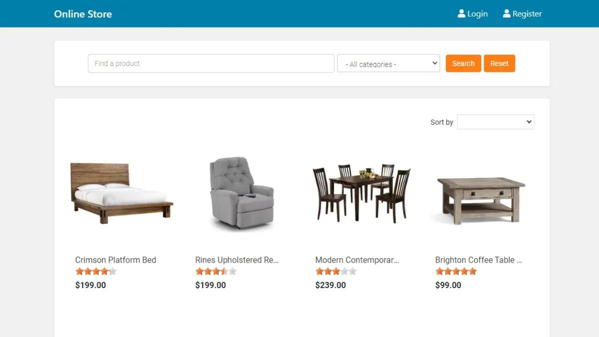 Screenshot of a sample web page public view on Caspio's Online Store app.